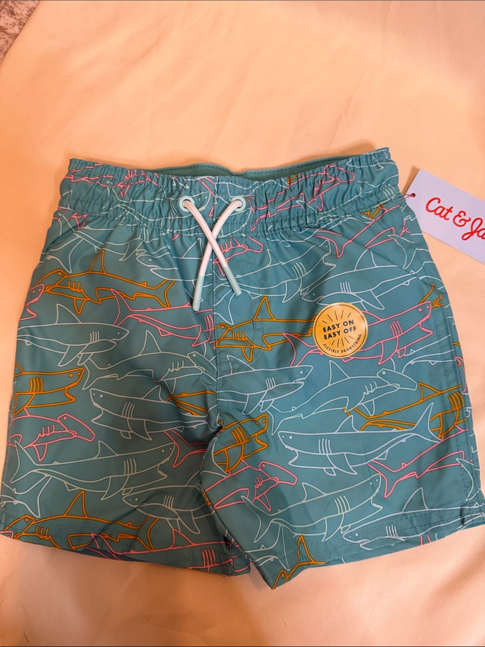 Cat & Jack Teal Shark Pattern Swim Trunks with Yellow Patch